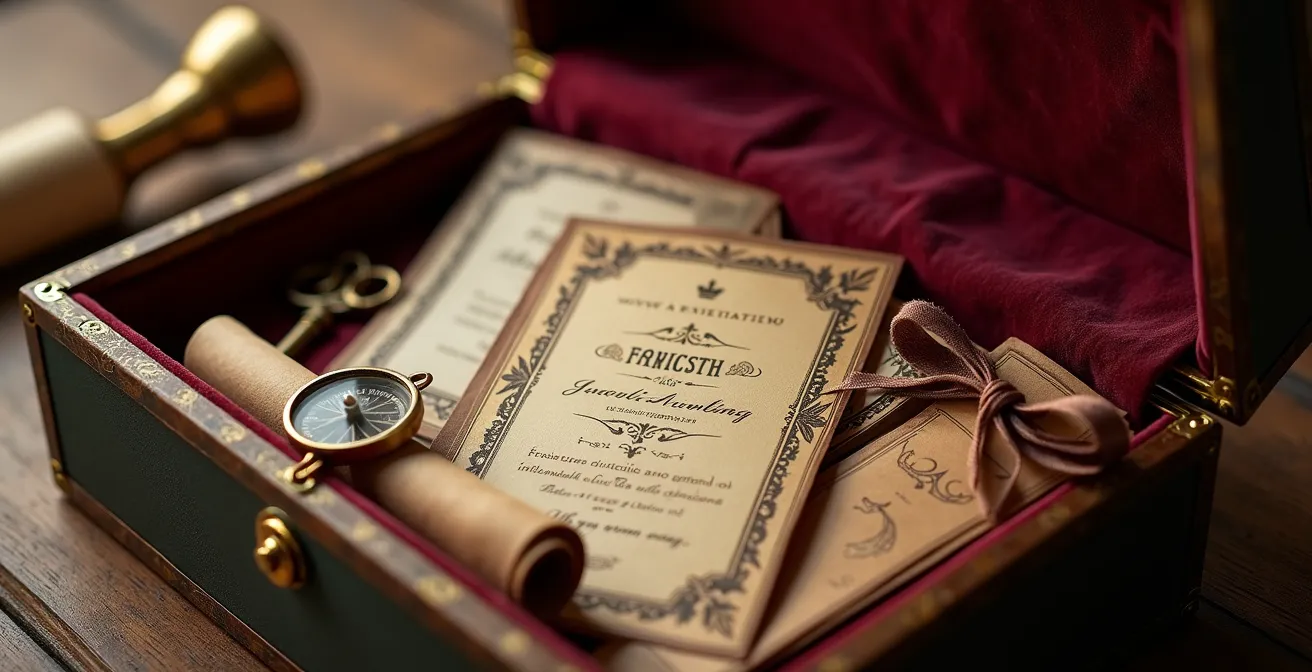 Un élégant coffret cadeau ouvert révélant des cartes mystérieuses et des accessoires d'aventure