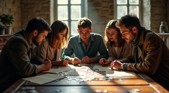 Un groupe d'amis unis résolvant ensemble une énigme dans un décor immersif d'escape room