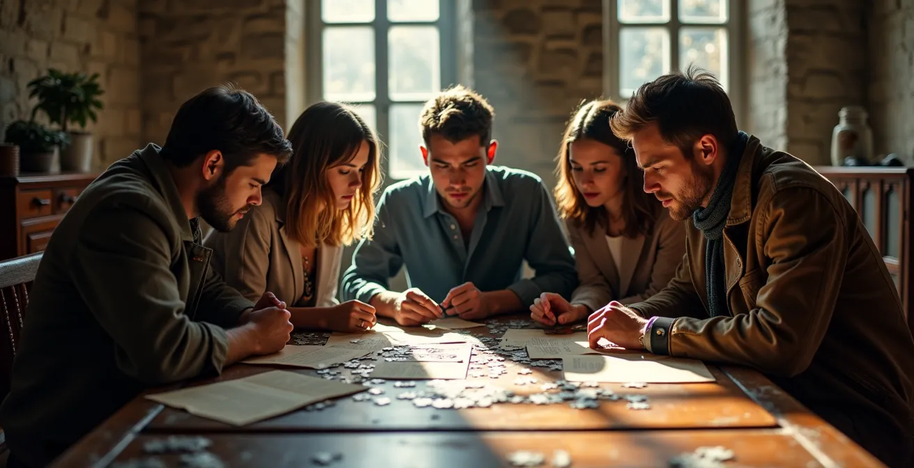 Un groupe d'amis unis résolvant ensemble une énigme dans un décor immersif d'escape room