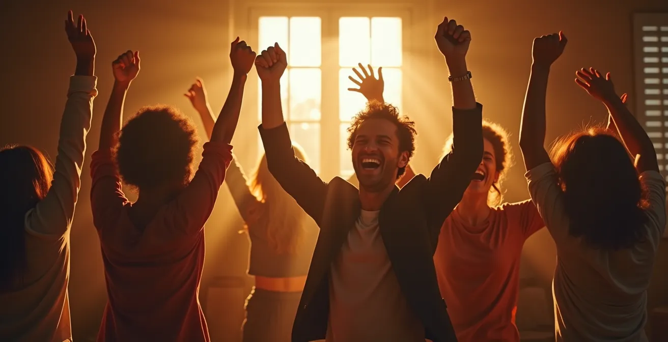 Un groupe célébrant leur victoire avec des expressions de joie et de fierté partagée